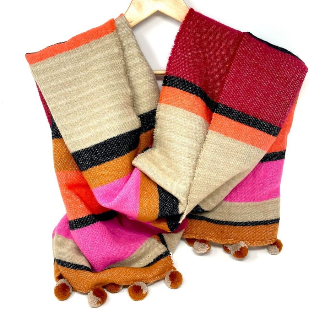 Nordstrom Women's Soft Plush Blanket Scarf Pompoms Pink Orange Black Tan Stripe